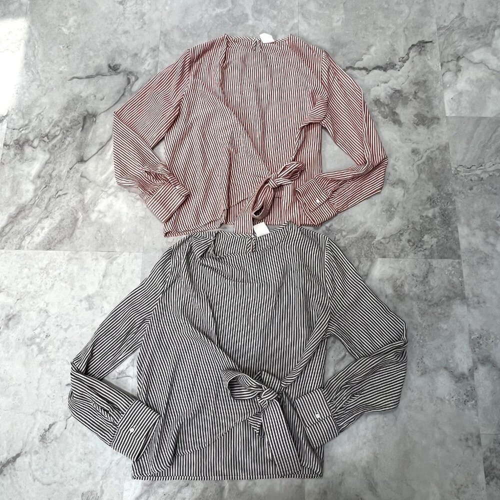 Lot of 2 By Together Boutique Womens Blouse Stripe Front Tie Large L Gray & Red